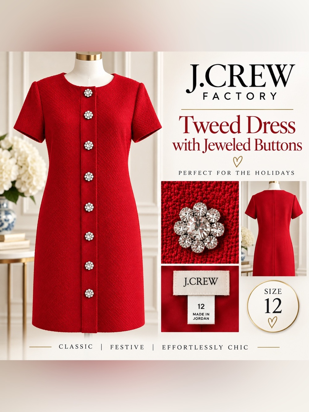 J.Crew Holiday Red Bouclé/Tweed-Texture Dress Crystal Jeweled floral buttons
